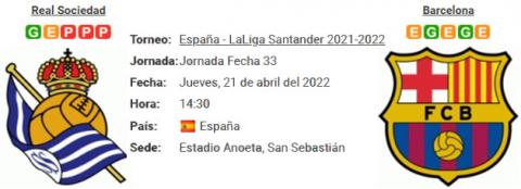 Resultado Real Sociedad 0 - 1 Barcelona 21 de Abril LaLiga Santander 2022